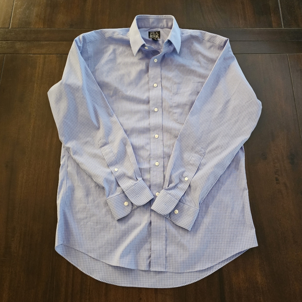 Jos.A.Bank blue white grid point collar dress shirt size 16 X 33